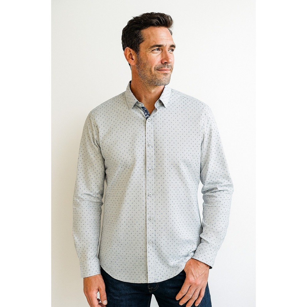 eight X Mens Premium Stretch Classic fit Button White Blue Print Large L